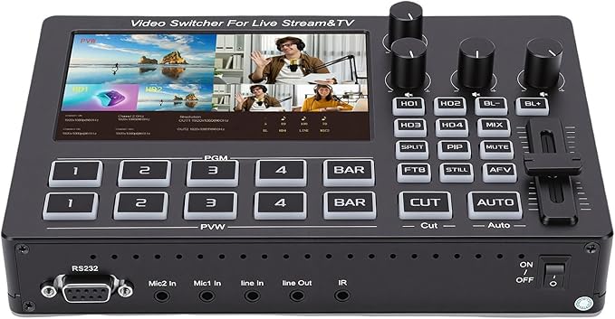Yunseity 1080P Video Switcher, 5 Inch Screen 4 Channel HD Multimedia Interface Live Stream Switcher with Real Time Multi View and PTZ Control, for Multi Camera Streaming Online (US Plug)