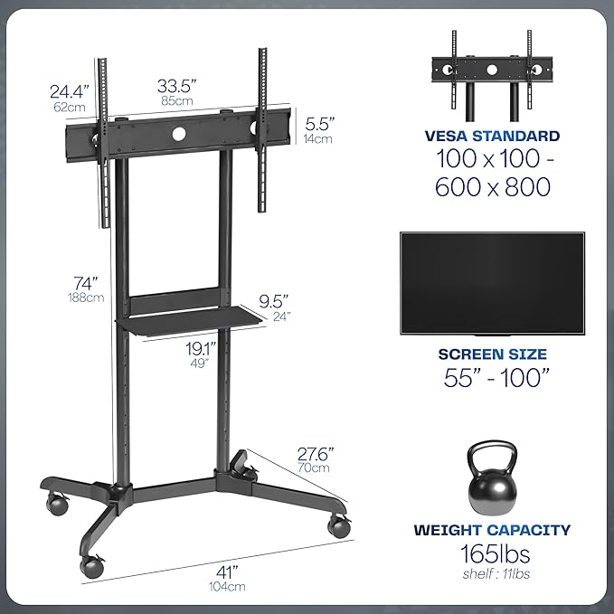 VIVO Mobile TV Cart for 55 to 100 inch Screens up to 165 lbs, LCD LED OLED 4K Smart Flat and Curved Panels, Rolling Stand with Laptop DVD Shelf, Locking Wheels, Max VESA 800x600, Black, STAND-TV100E