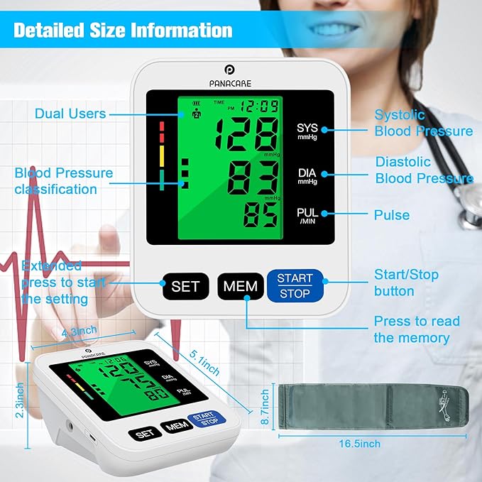 Panacare Blood Pressure Machine, Automatic Upper Arm Blood Pressure Monitor for Home use, 2x99 Readout and BP Cuff, 3.4" 3-Color Backlit Screen, Adjustable Large Cuff (8 to 16 inches), Black