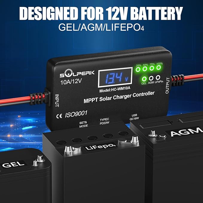 SOLPERK MPPT 10A 12V Solar Charge Controller with LCD Display, Solar Panel Charge Controller with Type-C and USB Output for Solar Panel Regulator Gel AGM Lead-Acid Lithium LiFePO4 Battery