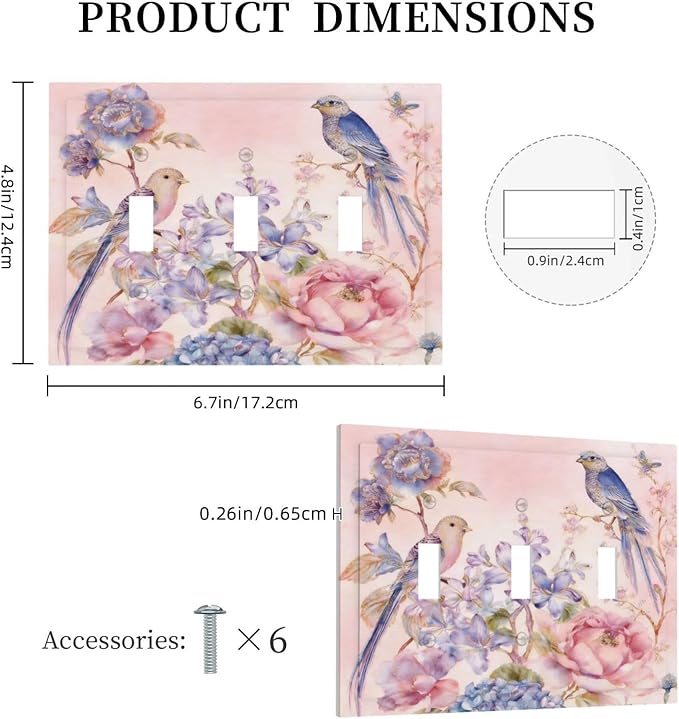 Bvtewkhz Floral Birds Morris 3 Gang Triple Toggle Decorative Outlet Covers Light Switch Plate Electrical Receptacle Switchplate For Bathroom Kitchen Bedroom