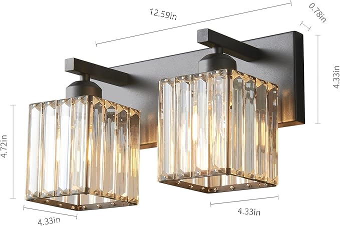 FDPBY Modern Bathroom Vanity Light 2-Lights Black Crystal Bathroom Wall Light Vanity Light Fixtures，12.59-inch Modern Minimalist Design
