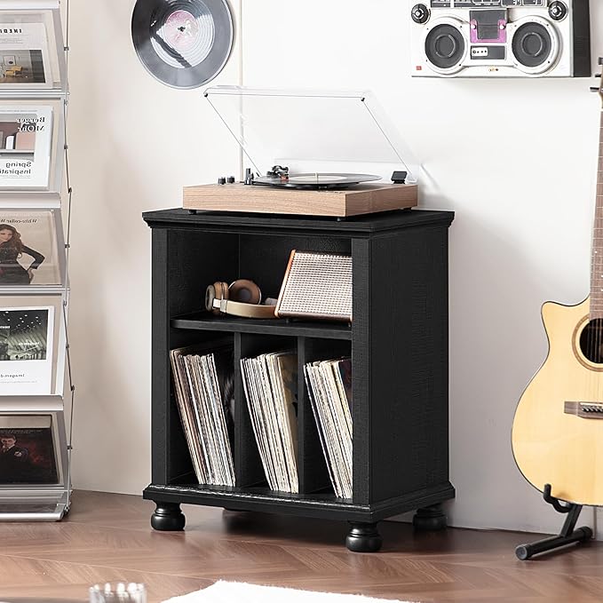 Joaxswe Record Player Stand with Vinyl Record Storage, 24" Wide Mid-Century Record Player Table Up to 200 Albums,Large Wood Turntable Stand Cabinet Dispaly Shelf for Living Room,Bedroom,Black