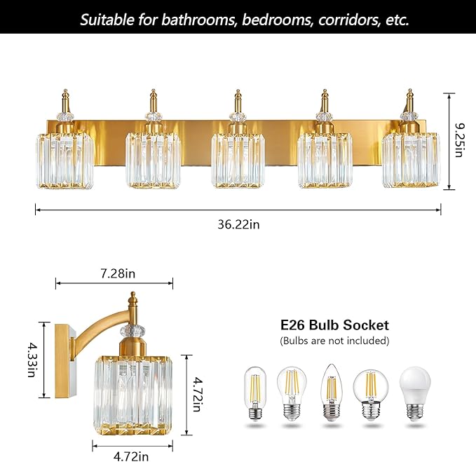 BBLLWJ 5-Light Crystal Vanity Lights - Gold, Modern Over-Mirror Bathroom Light Fixtures