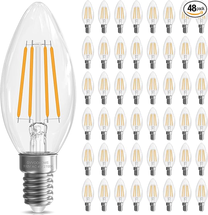GvvooHome LED Candelabra Light Bulbs, E12 Bulb dimmable, 4W,40 watt Equivalent, Chandelier Light Bulbs, B10 Candle Bulb 2700K Soft White, 90+CRI, 400LM, Clear Glass, 48 Pack