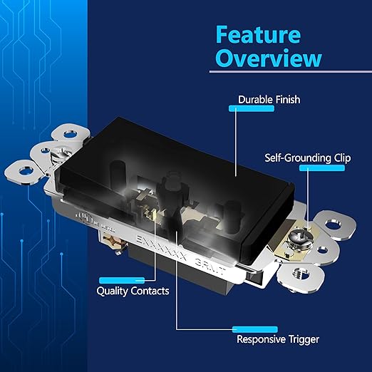 LIDER Black Minimalist Decorator Switch, Frameless Light Switch, On/Off Rocker Switch, Single Pole, Residential Grade, 3 Wire,15A 120-277VAC 10 Pack