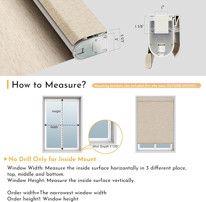 Persilux Smart Motorized Blinds with Remote, No Drill Automatic Roller Shades for Indoor Windows, Blackout Linen Fabric, Electric Blinds for Windows, Linen Beige C156BO-2, Custom Size