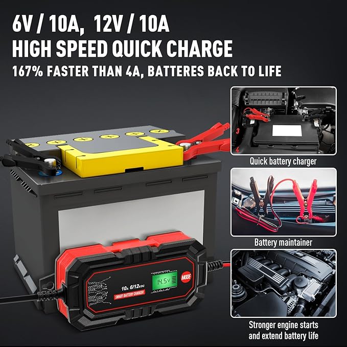 Sailnovo 10A Car Battery Charger, 6V and 12V Car Trickle Charger, 10-Stages 14.6 Volt LiFePO4 Battery Maintainer with Supply Mode for Motorcycle Car Lawn Mower Boat Marine Lead Acid Batteries