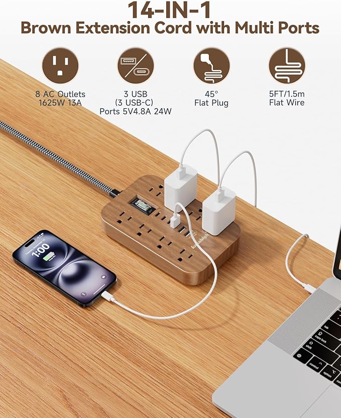 Walnut Power Strip with USB Ports - 5 FT Wood Power Strip, 1625W Decorative Extension Cord with 6 AC Outlet 3 USB, for Brown Tan Wood Walnut Grain Aesthetic Vintage Rustic Desk Accessories Decor