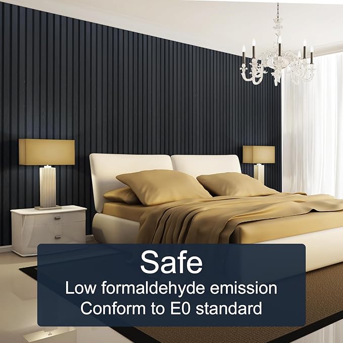 NeatiEase Wood Slat Wall Panels, 4-Piece 96" x 12.6", Soundproof & Noise Cancelling, Acoustic Wall Panels (Black)