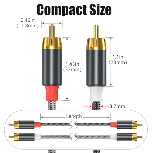 AGVEE 6.6ft RCA Cable, 2 RCA Male Thickened Six Claws Plug Stereo Auxiliary Audio Cord for Home Theater, Amplifier, Active Speakers or Subwoofer, Gray