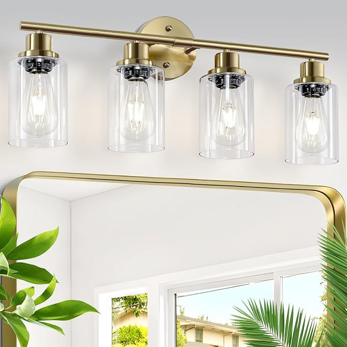 Guliaofo 4-Light Gold Bathroom Light Fixtures, E26 Modern Vanity Lights for Bathroom with Clear Glass Shade, Wall Lamps for Mirror Hallway Kitchen Cabinet Living Room Sconces Lights