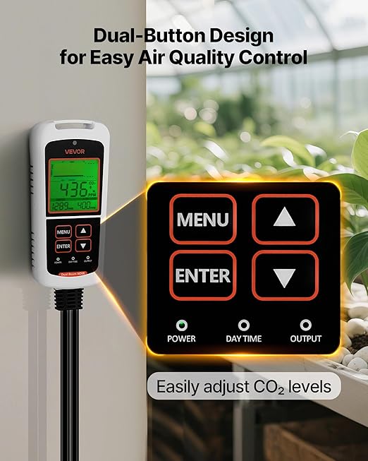 VEVOR Carbon Dioxide Monitoring Controller, Dual Outlets CO2 Monitor & Controller, Carbon Dioxide Sensor Day and Night Detection Feature, NDIR CO2 Sensor for Greenhouse, Laboratories, Classrooms, Home