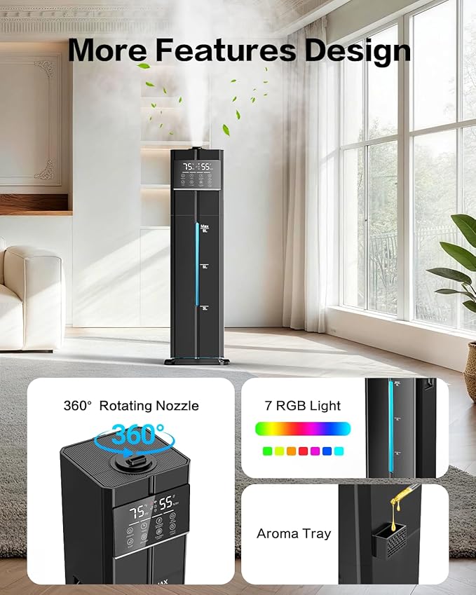Cool Mist Humidifiers for Large Room, Ultrasonic 2.4Gal 9L Quiet Top-Fill, Easy Clean with Essential Oil Tray, 360°Nozzle, 4 Speed, Remote, 60H Runtime, for Baby, Adults, Plants, Home, House, Bedroom