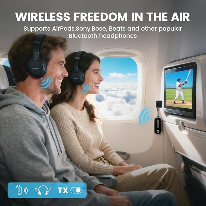 Dual Link Bluetooth 5.4 Transmitter Receiver for Airplane Travel 2-in-1 Bluetooth Adapter Airplane Travel Essentials Wireless Receiver, 3.5MM AUX Jack Adapter on Flight/TV/Car Stereo/Gym