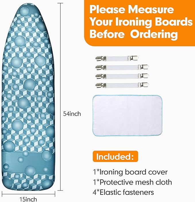 Ironing Board Cover and Pad, 15x54 Standard Size Thick Iron Padding, Scorch & Stain Resistant Ironing board cover, Heavy Duty Iron Board Padded with Adjustable Fasteners Elastic Edge, Aqua Blue