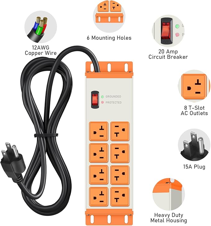 JUNNUJ Heavy Duty 20 Amp Surge Protector 4800J, Garage Metal 8 Outlets 12 Gauge, High Amp 5-15P Adapter Shop 6-20R T-Slot Industrial Outlet, 10 FT Extension Cord Commercial for Appliance, Grey