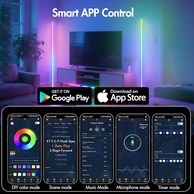 PTVGS LED RGB Corner Lamp: Smart RGB LED Corner Floor Lamp Adjustable Height with 16 Millon RGBWIC Color Changing Lights 300+ Scene,Music Sync&Timer,Ambient Lighting for Living Room,Bedroom,Game Room