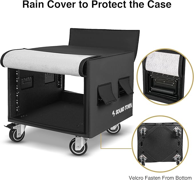 Sound Town 8U PA/DJ Rack/Road Case with 8-Space, Industry-Grade 0.7" (18mm) Plywood with Polyurea Coating, Rain Cover, Casters, 21.7" Rackable Depth - Pro Tour Grade (STRCP-8UW)