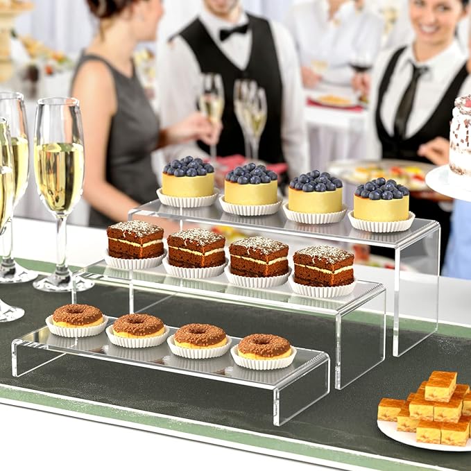 HIIMIEI Acrylic Display Riser, 3 Step 12" Large Acrylic Risers, Thickened to 5mm Clear Rectangular Display Shelf for Cupcake Stand, Tiered Display Stand for gemstone, curio, figurines, Collectibles