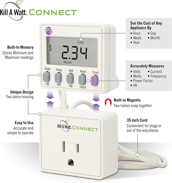 Kill A Watt Connect P4498 Electricity Usage Monitor Power Consumption Meter with Two Piece Housing and 35 Inch Cord for Easy Use
