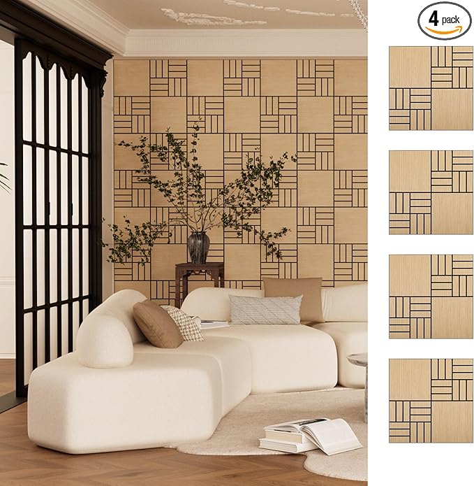 ARMURO 4 Packs Acoustic Wall Panels - Self-Adhesive 3D Wood Slat Wall Panel- Peel and Stick Sound Absorbing Panels for Noise Reducing - Feature Wall Decor for Home & Office