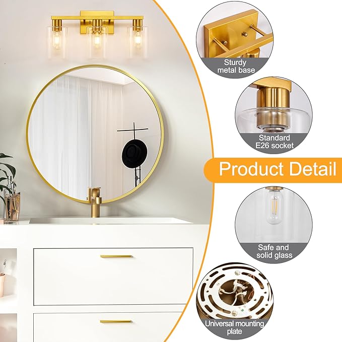SOPEAS Gold 3-Light Bathroom Vanity Light, Modern Brushed Gold Vanity Lights with Clear Glass Shades, Bathroom Wall Sconce Lamp for Mirror Living Room Bedroom Hallway
