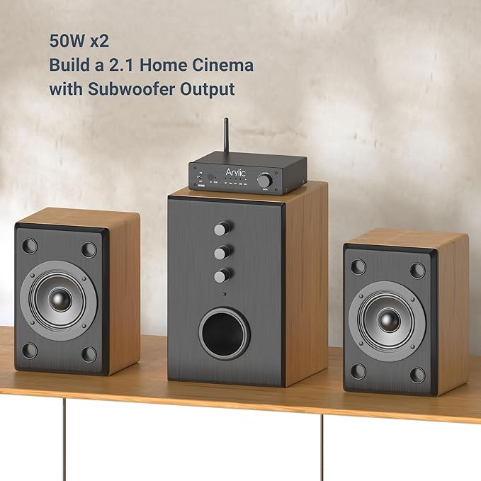 Arylic B50SE Bluetooth 5.1 Stereo Receiver 2.1 Channels Mini Class D Integrated Home Speaker Amplifier 50W x 2,Stable and Remote, Go Control Application and Easy Control EQ