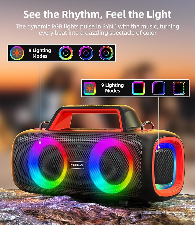Portable Bluetooth Speaker Wireless,140W Peak Loud Sound with 2 Subwoofers and 2 Tweeters, Plus Bass Boost, IP65 Waterproof Outdoor Speaker, 24H Playtime, RGB Lights, TF/AUX/USB/Mic Input, Large Party