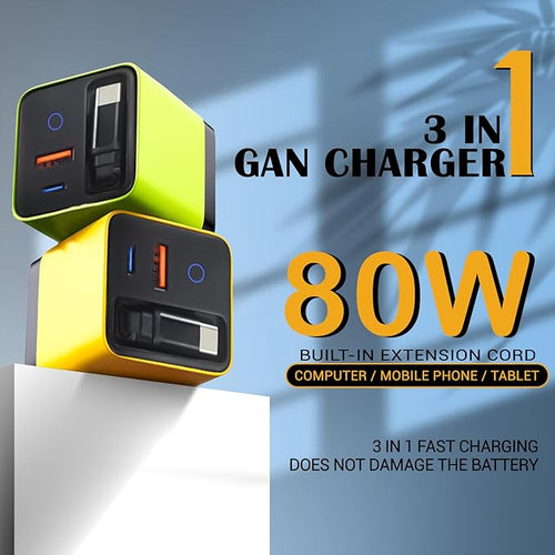 80W GaN Fast Charger with Retractable USB-C Cable 3-in-1 Wall Charger Block with Built-in Type-C Cord & 2 USB Ports, PD 3.0 & QC 4.0 Fast Charging for iPhone 15/16/17, Samsung Galaxy, Pixel, iPad Y