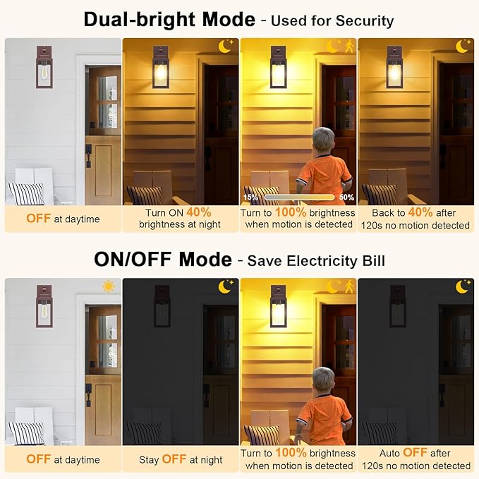 LTBLIGHT 2-Pack Motion Sensor Porch Lights Outdoor, Farmhouse Brown Dusk to Dawn Exterior Lighting Fixtures with 3 Modes, Waterproof Wall Lanterns for House, Backyard, Entryway, Garage