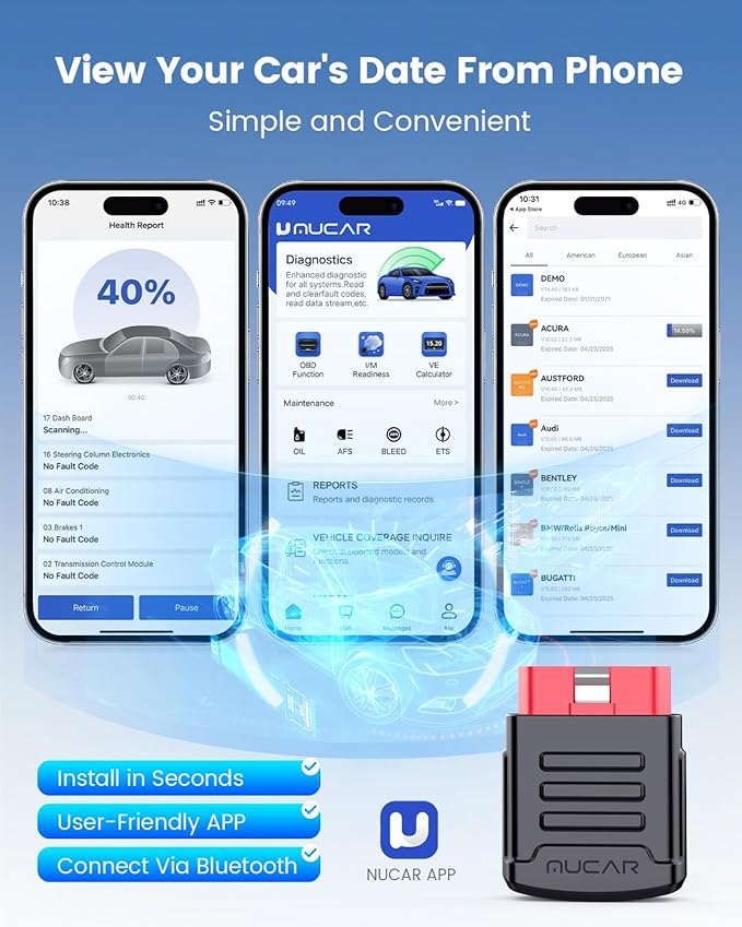 MUCAR BT200 OBD2 Scanner Bluetooth for iOS & Android, Car Scanner Diagnostic Tool for All Systems, Oil/SAS Reset(One Year Free), Check Engine Light, Auto VIN, Lifetime Free Update