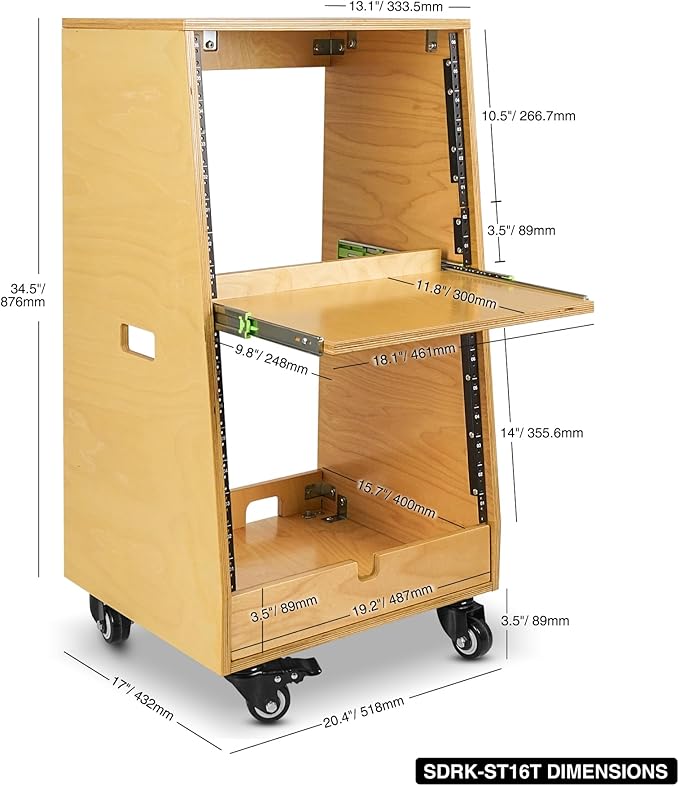 Sound Town DIY Slanted 16U Studio Rack (8U Top + 8U Lower), with 2U Bottom Storage, Slide-Out Tray, Caster, Plywood, Golden Oak For Recording Room, Home Studio (SDRK-ST16T)