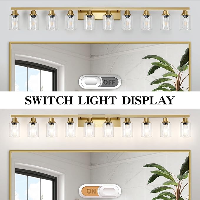 DIKAIDA Gold Bathroom Vanity Light,10-Light Brushed Gold Bathroom Light Fixtures with Clear Glass,64.5in Wall Lamp Sconces for Mirror Bedroom,Living Room Hallway,E26