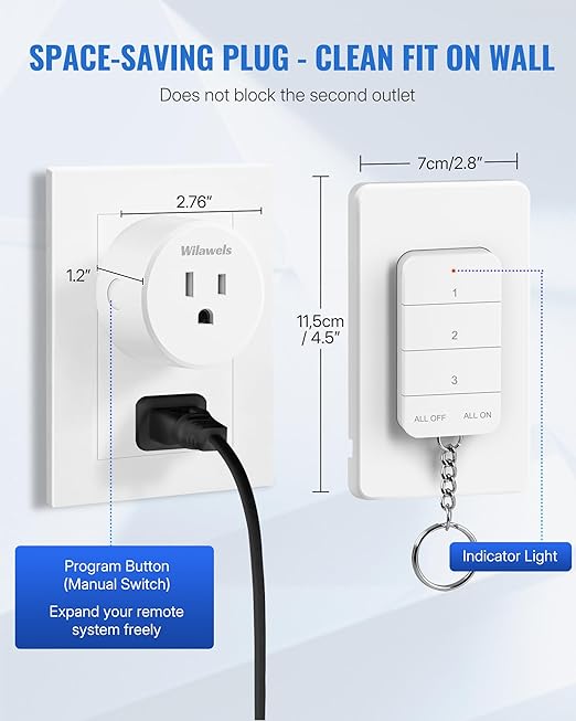 Remote Control Outlet, WILAWELS Wireless Light Switch with Magnetic Base, On Off Remote Outlet Switch for Lights, Lamps, Fan, Appliance, 100ft RF Range, 15A/1875W, One Remote for Two Plugs W09RC1206