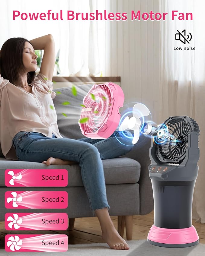 WESTTREE Portable Misting Fan with Large Battery Fan-Rechargeable Outdoor Misting Cooling Fans with 2L Water Tank,RGB Lights,4 Speeds & Spray Modes-for Patio, Camping, Beach, Workshop (Gray-Pink)