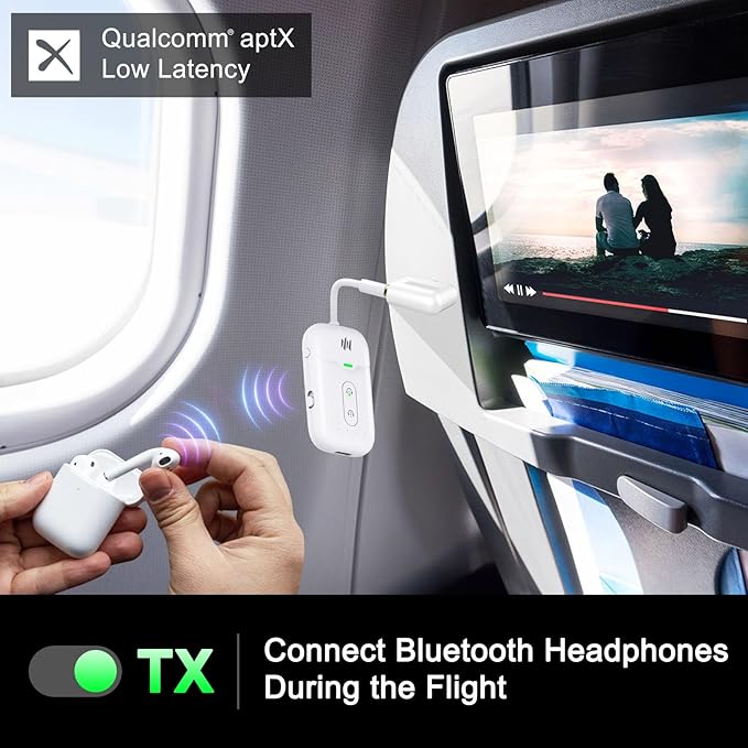 Premium Airplane Bluetooth 5.4 Transmitter Adapter, for 2 AirPods/Headphones,2 in 1 Transmitter Receiver with aptX Low Latency,Wireless Adapter for Flight,TV,Gym,Tablets Car Stereo