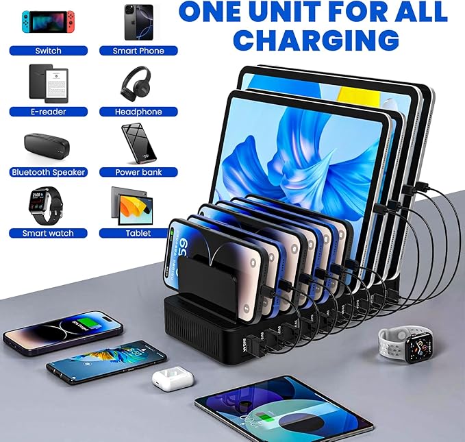 RISWOJOR Charging Station for Multiple Devices, 100W 10 Ports Charging Dock with 10 Cables Smart IC Tech and Adjustable Dividers Type-C，Multi USB Charger for iPhone Galaxy iPad Tablet，Black
