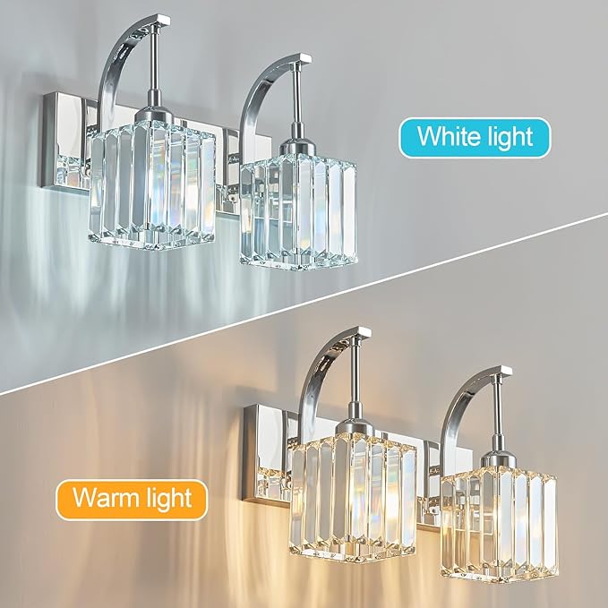 FDPBY Crystal Vanity Lights 2-Light Chrome Wall Lamp Modern Crystal Bathroom Light Fixtures Over Mirror 13.77" Long Bathroom Wall Sconce