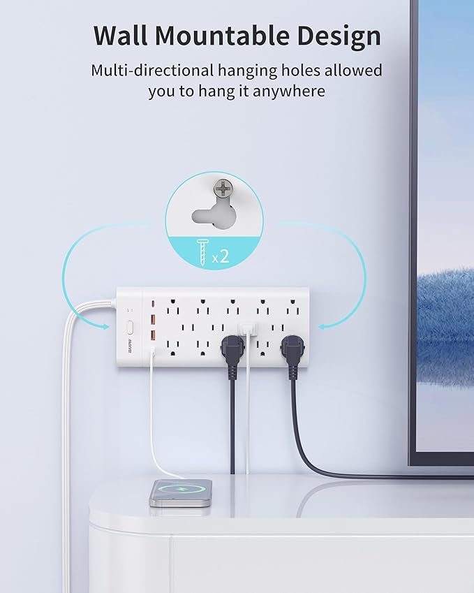 Power Strip Surge Protector Outlet Extender with 14 Outlets and 4 USB Ports (2 USB C), 15 Ft Extension Cord & Flat Plug, 1700 Joules, Wall Mount for Home, Office, Dorm, White