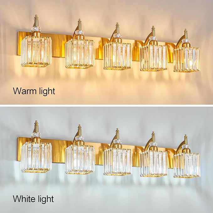 BBLLWJ 5-Light Crystal Vanity Lights - Gold, Modern Over-Mirror Bathroom Light Fixtures