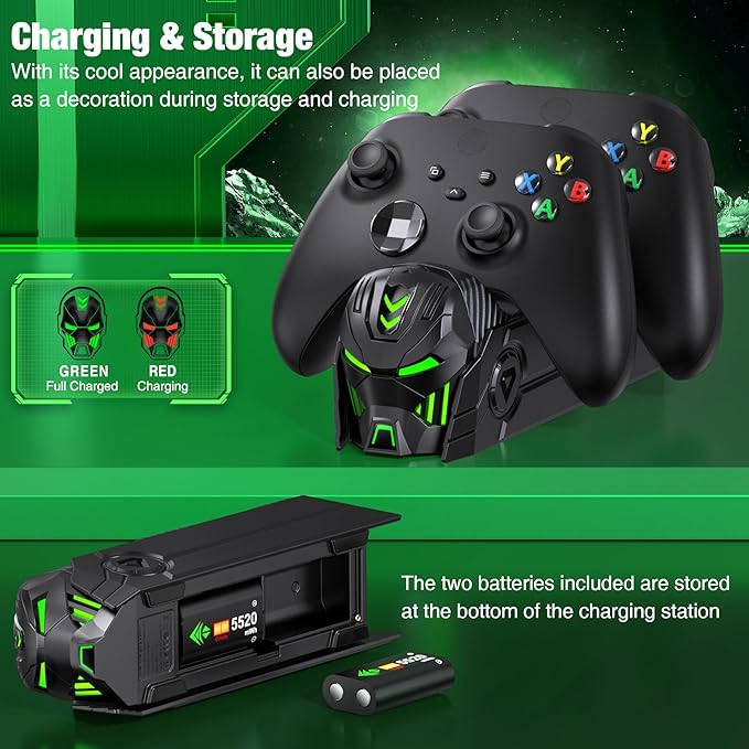 DINOSTRIKE Charger Station Compatible with Xbox Controllers, 2x5520mWh Rechargeable Battery Pack for Xbox One/Series X|S Controllers with Dual Charging Dock and 4 Covers (Controller Not Included)