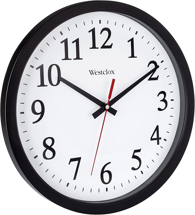 Westclox 14 Inch Round Office Wall Clock with Large Easy to Read Black and White Dial, Battery or Electric Powered, Quartz Accuracy, Glass Lens and Metal Hands, Analog Wall Clock