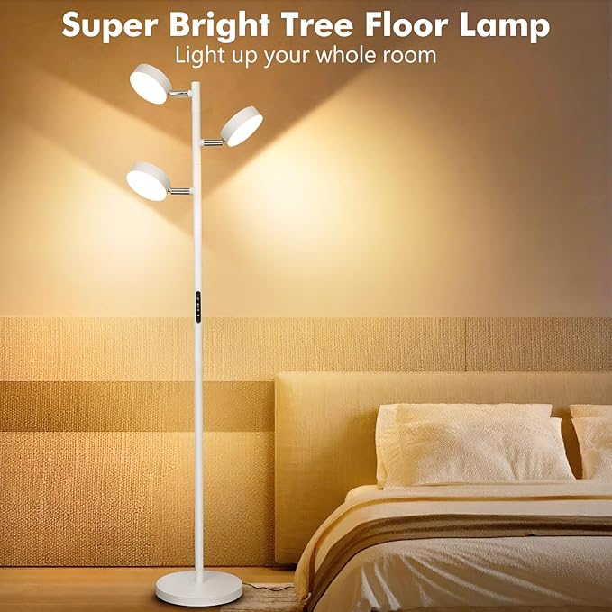 Benaep Tree Floor Lamp for Living Room - Modern White Standing Lamp, LED Floor Light with Remote & Touch, 3000K-6000K Dimmable for Bedroom Office Reading (3 Head)