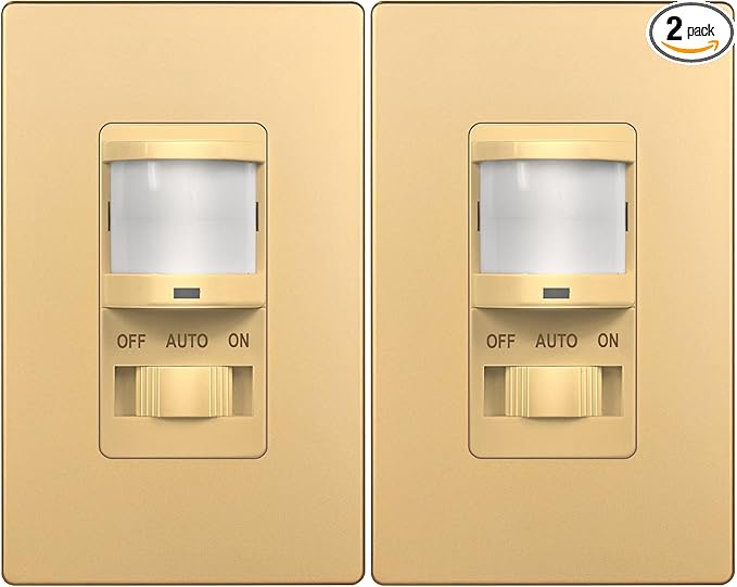 TOPGREENER in Wall PIR Motion Sensor Light Switch, Occupancy Sensor Switch, 𝐍𝐞𝐮𝐭𝐫𝐚𝐥 𝐖𝐢𝐫𝐞 𝐑𝐞𝐪𝐮𝐢𝐫𝐞𝐝, On/Off Override, 𝐒𝐢𝐧𝐠𝐥𝐞 𝐏𝐨𝐥𝐞, 4A, 500W, TSOS5-GDSWP,Gold,2 Pack