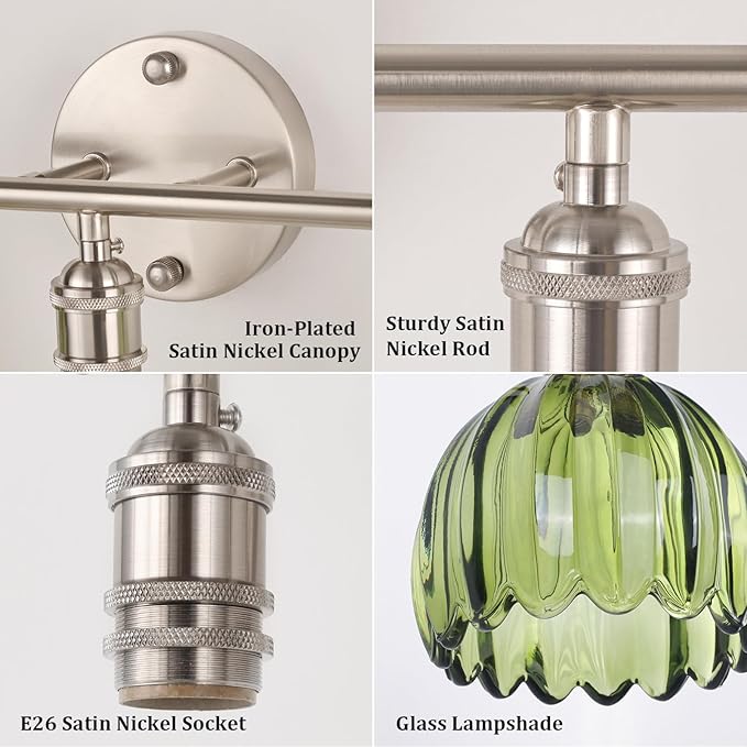 Shenmoyl Bathroom Light Fixtures, 3-Light Vanity Wall Light Over Mirror with Green Tulip Glass Shade for Bedroom Living Room (Bulb Not Included), Satin Nickel