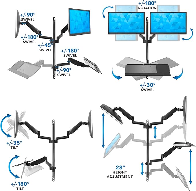 Mount-It! Wall Mount Workstation with Dual Monitor Mount, Keyboard Tray and CPU Holder, Height Adjustable Full Motion Arms, Fits Two 32 Inch Computer Screens