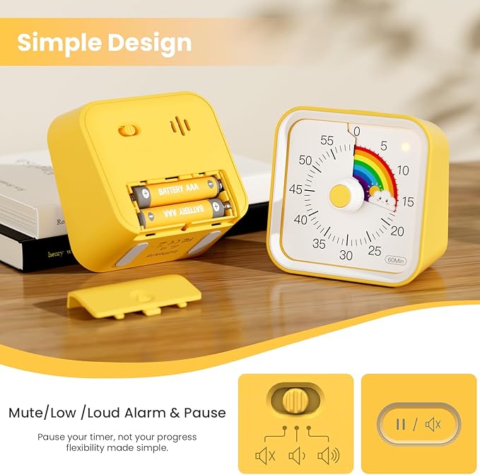 InfPokid Visual Timer for Kids with Pause Function, Cute Silent Timer with Rainbow for Classroom, Teaching, Task, Kitchen, 60 Minute Countdown Time Management for ADHD (Rainbow Yellow)