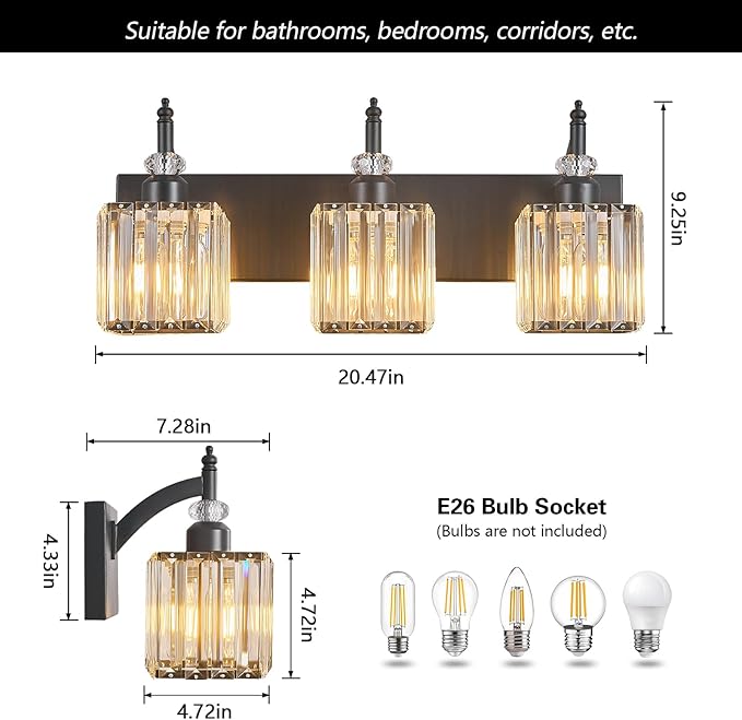 BBLLWJ Modern Bathroom Vanity Light 3-Light Black Crystal Light Fixtures Over Mirror for Bathroom Wall Sconce
