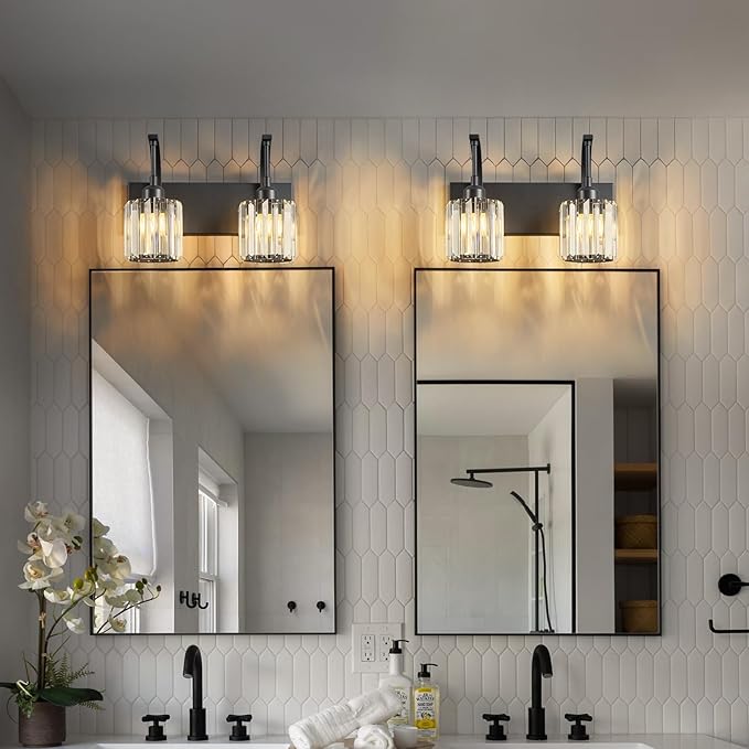 FDPBY Bathroom Crystal Vanity Lights 2-Light Black Wall Lamp Modern Crystal Bathroom Light Fixtures Over Mirror 13.77" Long Wall Sconce